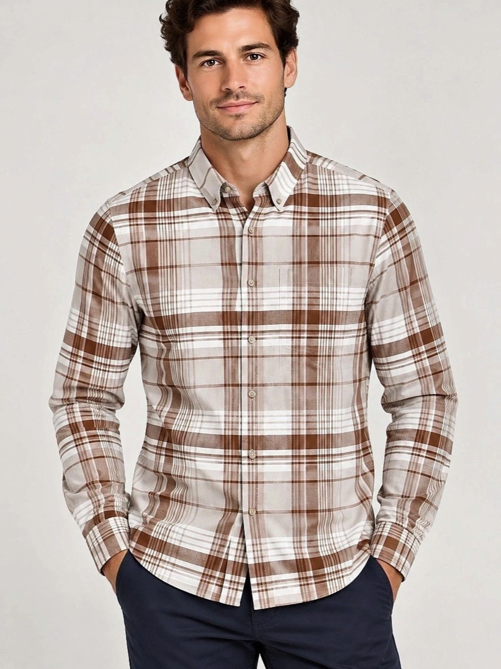 NWT: Banana Republic Slim Fit Untucked Shirt Plaid Cotton Shirt in Brown & White